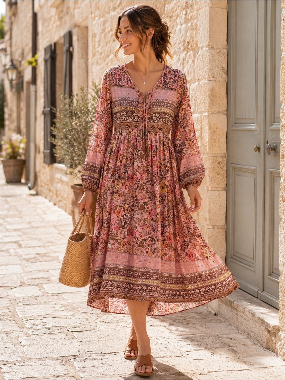 R. Vivimos Boho Floral Midi Dress Medium Long Sleeve Peasant Cottagecore